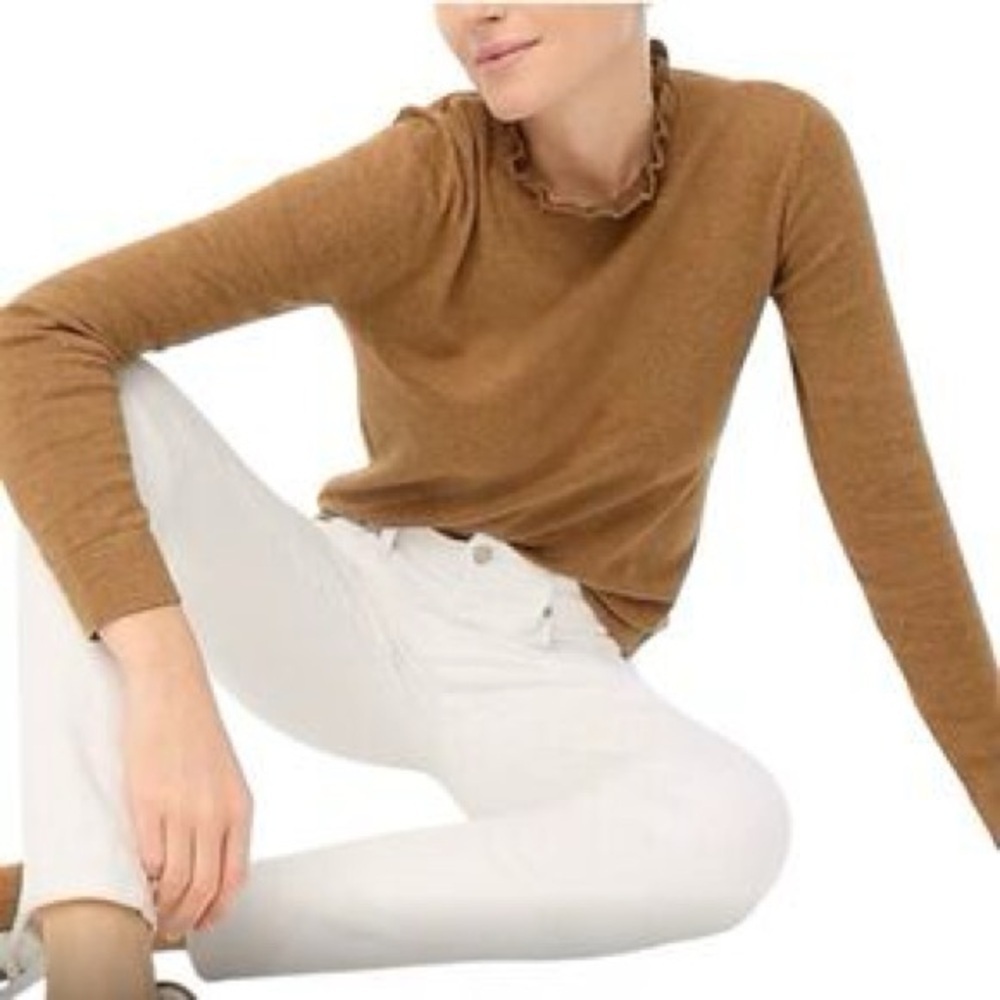 J.Crew - Brown Ruffle Mock Neck Gold Button Lightweight Sweater Size Medium